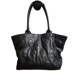 Black 100% Leather Skull Embossed Tote Made In Italy